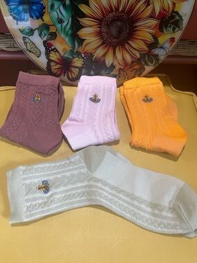 Vivienne Westwood Cable Knit Crew Socks in Mauve, Light Pink, Orange & White